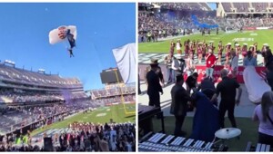 Падение парашютиста на стадион в США попало на видео