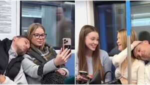 Реакция девушек на парня, спящего на их плече