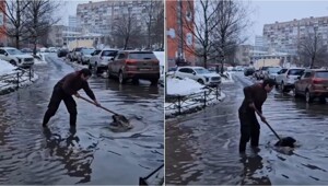 Необычный герой двора: мужчина расчистил ливнёвку лопатой и спас затопленный двор