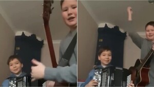 Два мальчика исполнили «Лесника» на гитаре и баяне