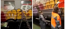 Сотрудники Российских железных дорог продемонстрировали процесс очистки вагонов от следов граффити-художников