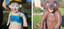Скульптура Маши и Медведя в селе в Ульяновской области