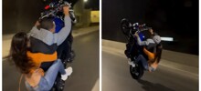 Байкер поднял мотоцикл на дыбы с пассажиркой за спиной