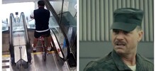 Попытка китайца спуститься на велосипеде по эскалатору