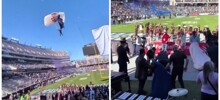 Падение парашютиста на стадион в США попало на видео