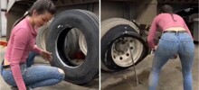 Девушка самостоятельно заменила покрышку грузовика