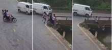 Во Вьетнаме мотоциклист чудом спасся, прыгнув с падающего байка