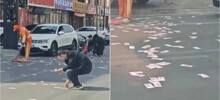 В китайском городе дорога оказалась усыпанной деньгами