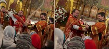 Священник окатил людей святой водой прямо из чаши