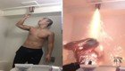 Сумасшедший азиат принимает душ под фейерверком