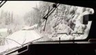 Грузовой поезд продолжает движение по заваленным деревьями путям после снежной бури
