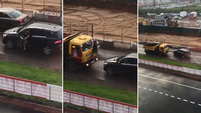 Девушка залезла на КамАЗ, мешавший ей проехать по встречке