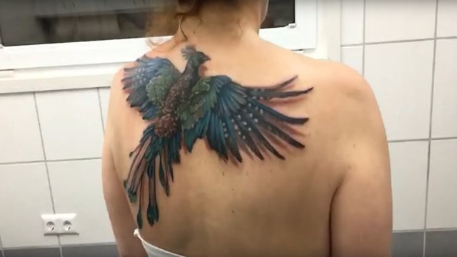 Тату-мастер создал потрясающую татуировку феникса на спине женщины