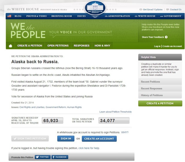 На сайте Белого Дома появилась петиция о возвращении Аляски России.