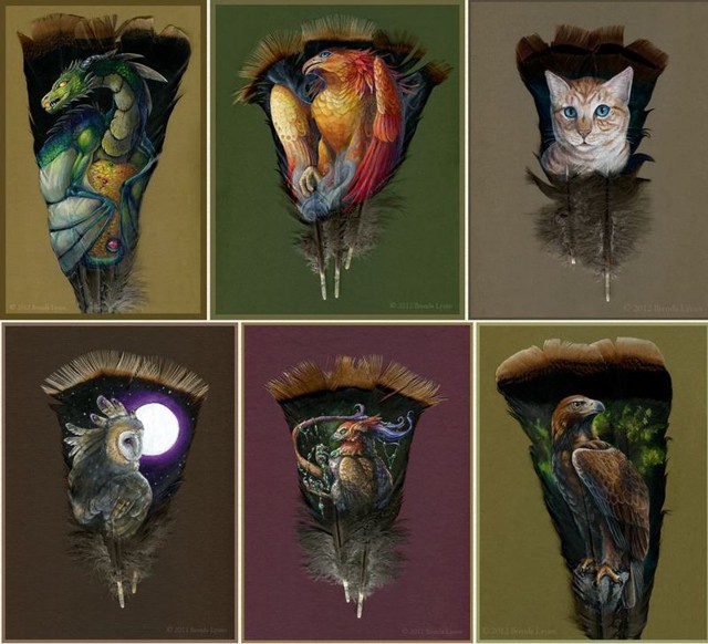 Портреты животных и птиц, нарисованные на перьях индейки