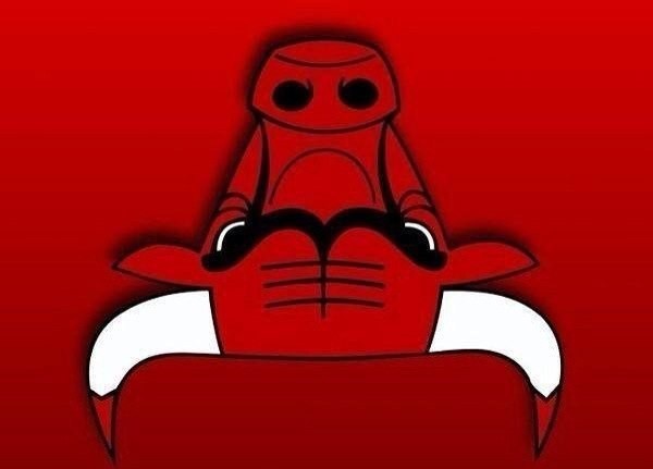 Робот читает книгу верхом на крабе. Перевернутая эмблема Chicago Bulls