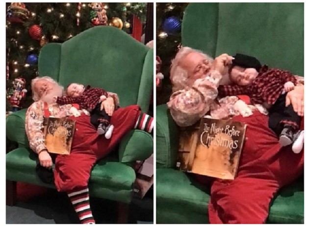 Санта-Клаус не стал будить спящего малыша, и устроил с ним забавную фотосессию