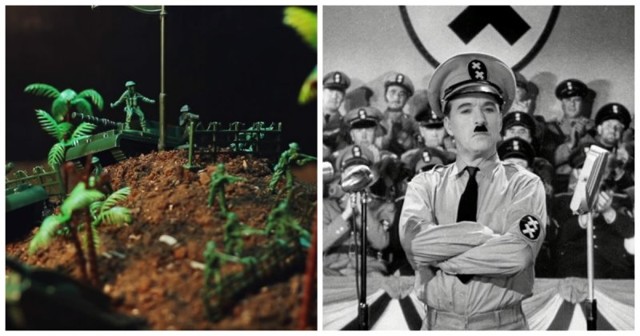 Пламя войны пожирает игрушечных солдатиков под знаменитую речь Чарли Чаплина из «Великого диктатора»