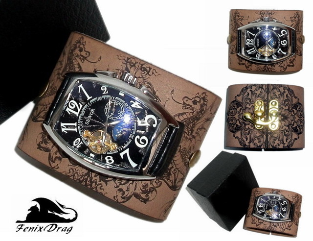 Модный кожаный браслет из натуральной кожи с часами "Время драконов" в стиле Стимпанк