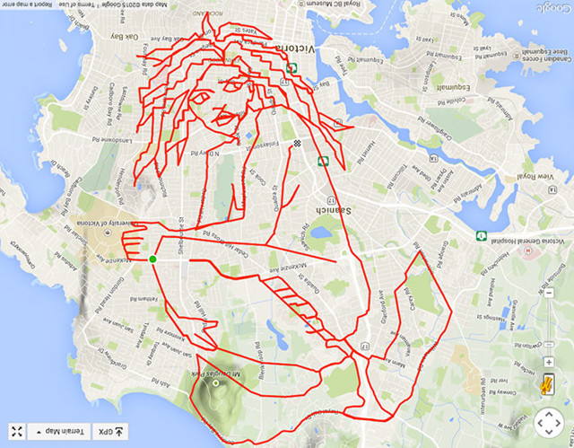 Художник рисует в картинки, проехав  по линиям на своем велосипеде с GPS