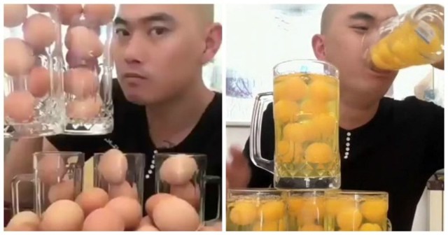 Азиат  одним махом выпил несколько десятков яиц