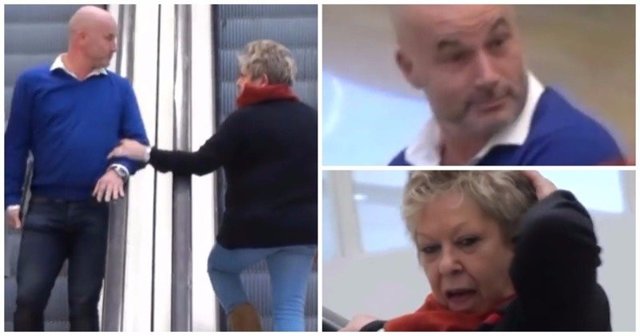 Забавные реакции французов на нежные прикосновения пожилой незнакомки на эскалаторе