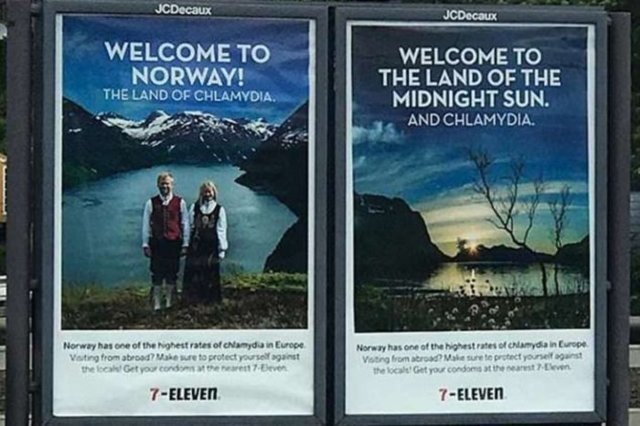 Рекламный плакат «Добро пожаловать в страну хламидий!» обидел норвежцев