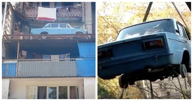 Конец эпохи: с тбилисского балкона спустили старый автомобиль, простоявший там 27 лет