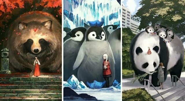 Художник из Японии создаёт картины с мирами, в которых обычные животные выглядят гигантами