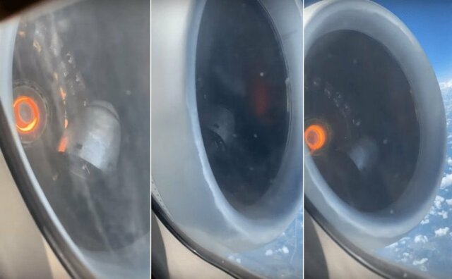 Пассажир запечатлел поломку двигателя самолета во время полета