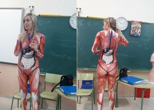 Учитель показала строение тела человека на себе с помощью купального костюма