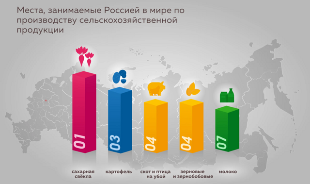 Места, занимаемые Россией по производству с/х продукции