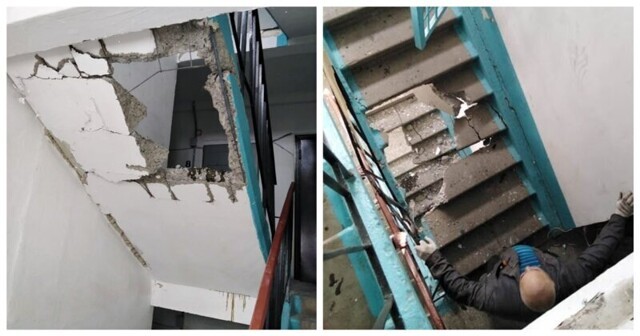 Рабочие разрушили несколько лестничных пролетов, уронив двигатель лифта