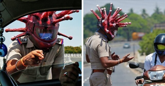Индийский полицейский вышел на дорогу с головным убором в виде коронавируса