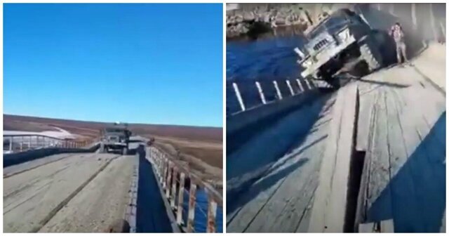 Обрушение моста под грузовиком на Ямале попало на видео