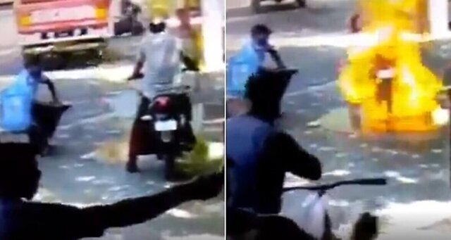 В Индии полицейский чуть не сжег мотоциклиста во время санитарной обработки