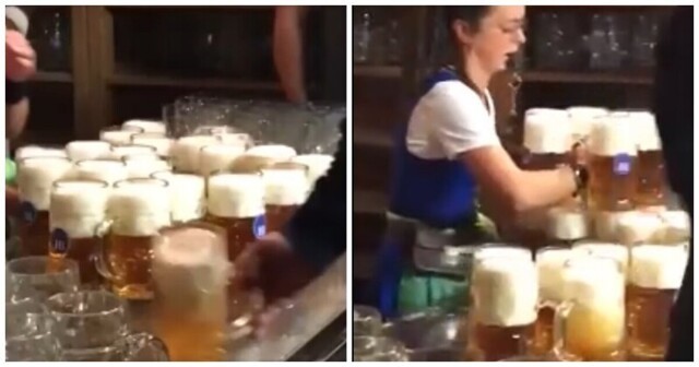 Официантка отнесла клиентам сразу 12 кружек пива