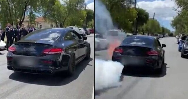 Водителю предъявлено обвинение после того, как спортивный Mercedes загорелся во время попытки пожечь резину