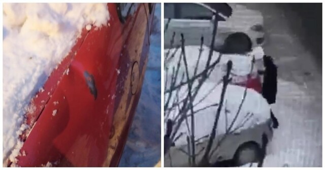 Петербургские коммунальщики повредили припаркованную машину и присыпали вмятины снегом