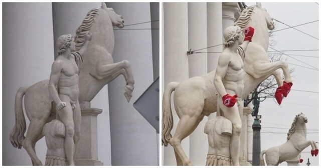 Абсурд дня: в Петербурге задержали мужчин, надевавших варежки на статуи коней