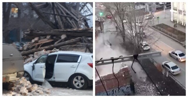 Демонтаж не удался: стена старого дома рухнула прямо на автомобиль с водителем