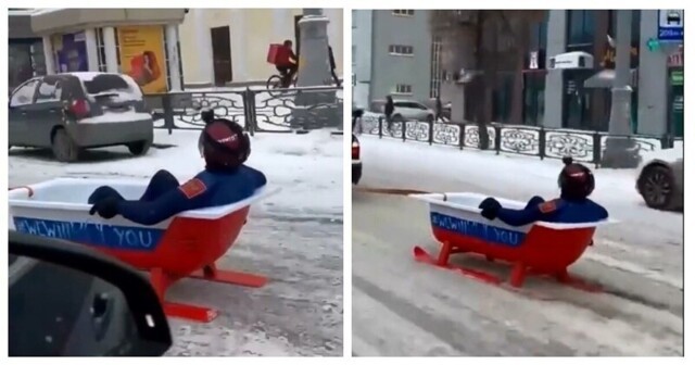 Болельщики из Екатеринбурга устроили заезд в импровизированных санях
