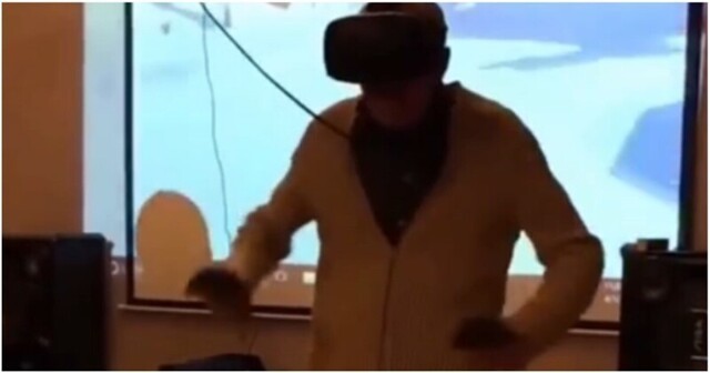 Дедушка не вошёл в поворот, катаясь на лыжах в виртуальной реальности