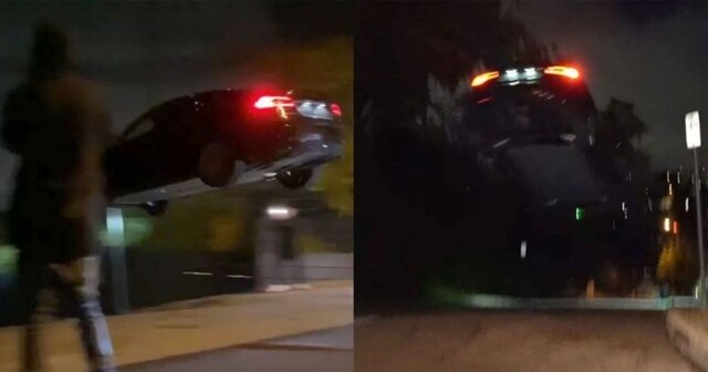 Водитель Tesla совершил впечатляющий прыжок в Лос-Анджелесе, и теперь его разыскивает полиция