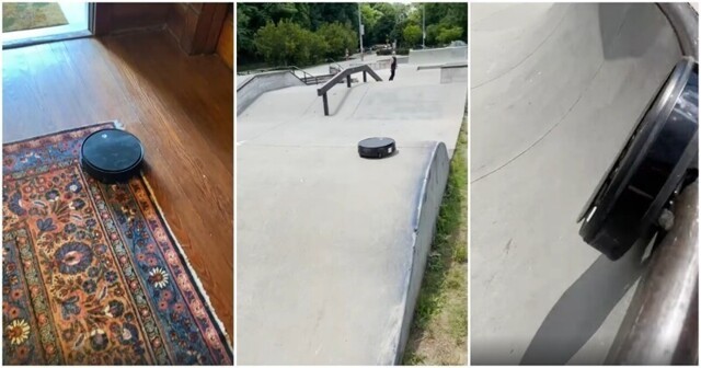 Безбашенный робот-пылесос катается в скейтпарке