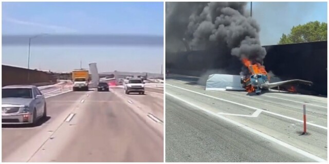 Упал и загорелся: аварийное приземление самолёта на автостраде в Калифорнии попало на видео
