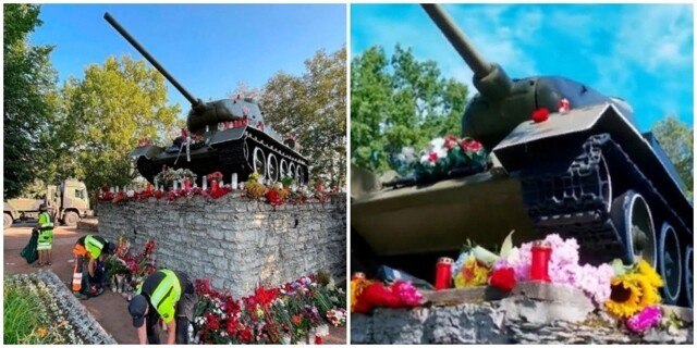 Жители Эстонии создали мемориал на месте, где стоял танк Т-34 в Нарве