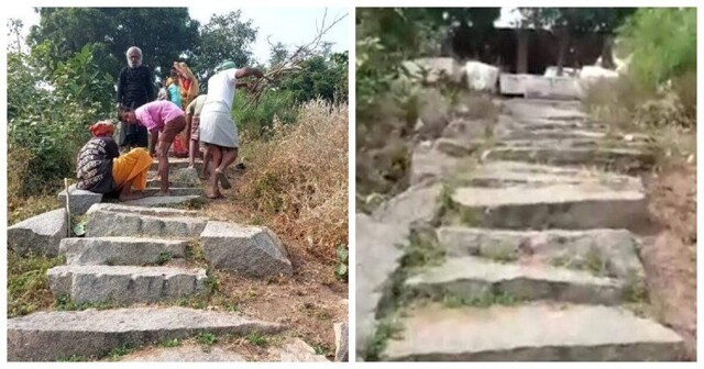 Мужчина потратил 8 лет, вырезая 400 каменных ступеней к храму на вершине холма