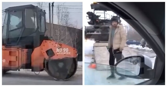 В Рязанской области рабочие укладывали асфальт прямо в снег, а когда активистка стала снимать их на видео - обматерили и напали на неё