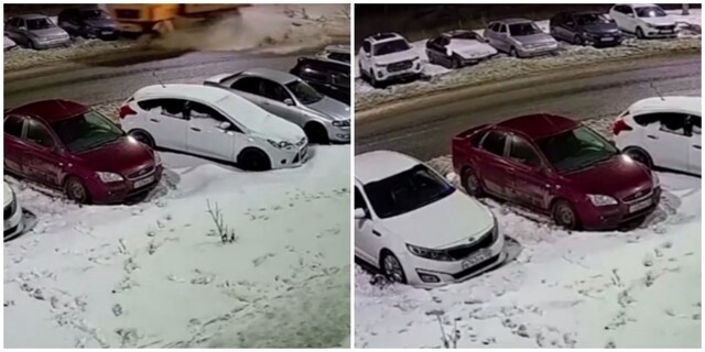 В Оренбурге снеговоз снёс автомобили на стоянке